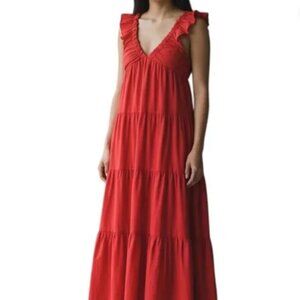 Jason Wu NWT Red Linen Blend Smocked Ruffle Tiered Maxi Dress Women's size M